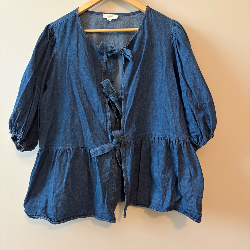 Oddi Los Angeles Blue Denim Tie Front Peplum Puff Sleeve Blouse Top 1XL IT18022P